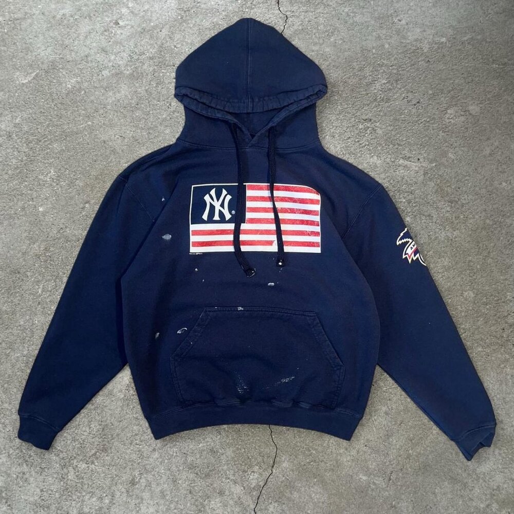 Vintage Y2K navy blue New Era NY Yankees hoodie with distressed American flag